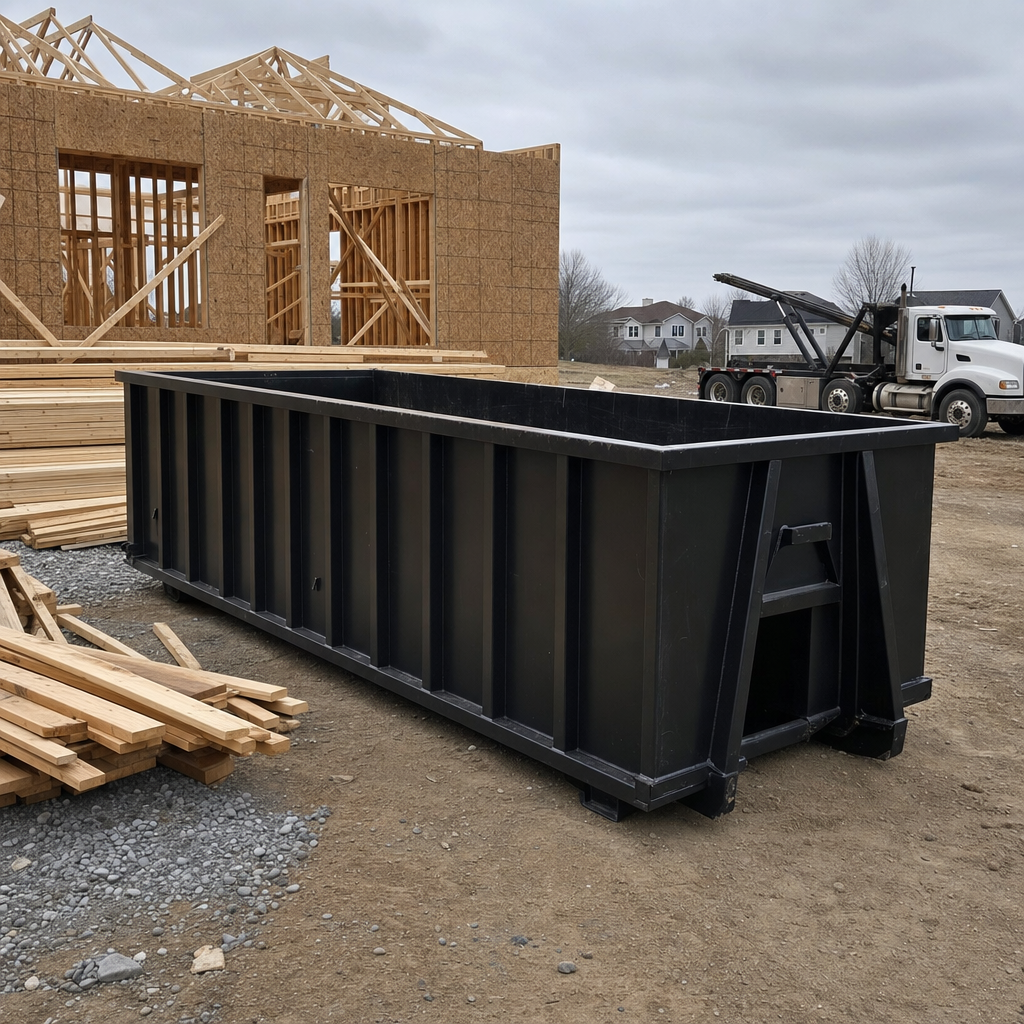 Matte-black 40-yard roll-off dumpster staged on a framed-out residential construction site in Fremont, framing lumber stacked nearby, hooklift delivery truck visible in the background under bright Colorado daylight