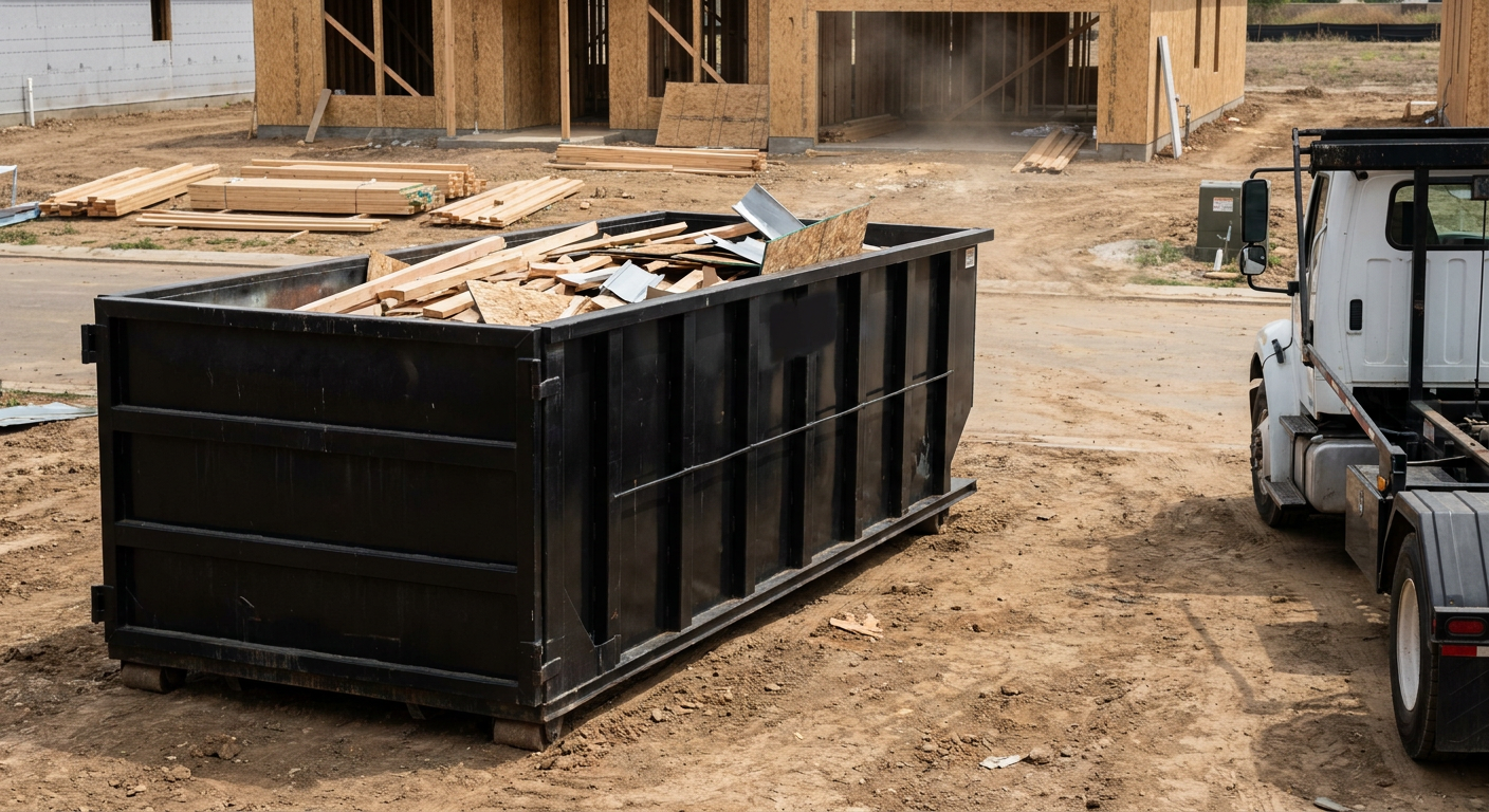 Matte-black 20-yard roll-off construction dumpster with heavy ribbed steel sidewalls and swing rear doors at a working jobsite in Fremont, sitting directly on compacted dirt with an unmarked white hauler partially visible at the far edge of the frame.