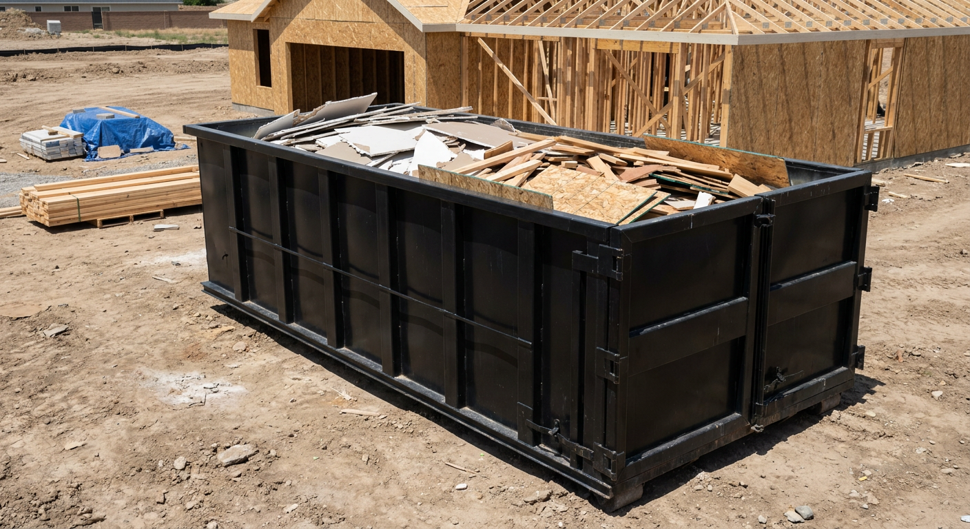 Matte-black 30-yard roll-off construction dumpster sitting directly on the compacted-dirt site of a framed single-family home build in Fremont, drywall and lumber scrap loaded inside.
