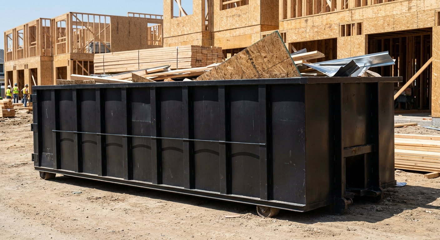 Matte-black 40-yard roll-off construction dumpster being lowered from a white-cab hooklift delivery truck onto the compacted-dirt jobsite at a commercial build site in Fremont