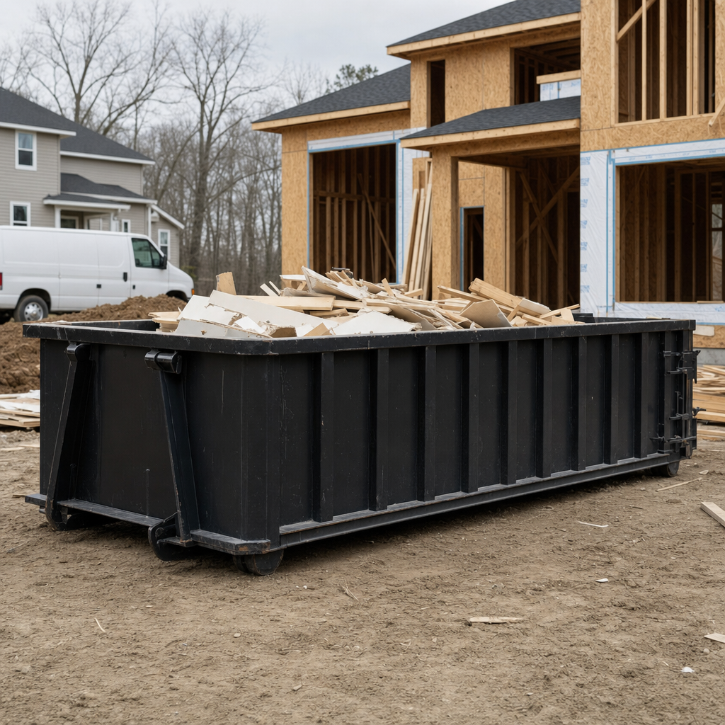 Worker in a yellow high-visibility vest tossing framing lumber and broken drywall into a matte-black 30-yard construction roll-off dumpster on an active build site in Fremont, bright daylight