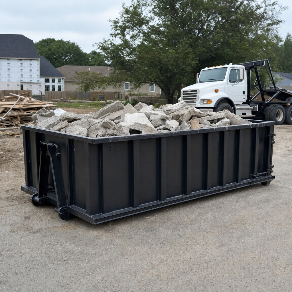 Low-profile matte-black lowboy roll-off dumpster loaded with broken concrete slab and rebar at a foundation tear-out in Fremont, skid steer parked beside it, sunny Colorado morning
