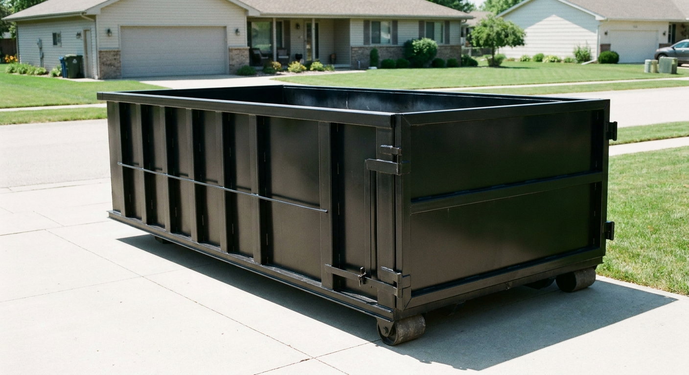 Matte-black 10-yard roll-off dumpster on a residential concrete driveway in Fremont, uniformly painted matte black across every panel and rail, ribbed steel sidewalls and rear swing door visible, mid-day daylight.