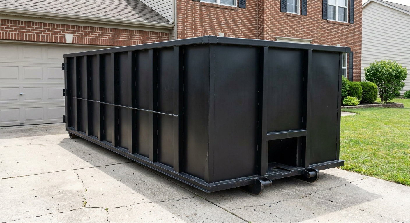 Matte-black 20-yard roll-off container on a Fremont residential concrete driveway with reinforced ribbed steel sidewalls and a hinged rear walk-in door, clean bright daylight.
