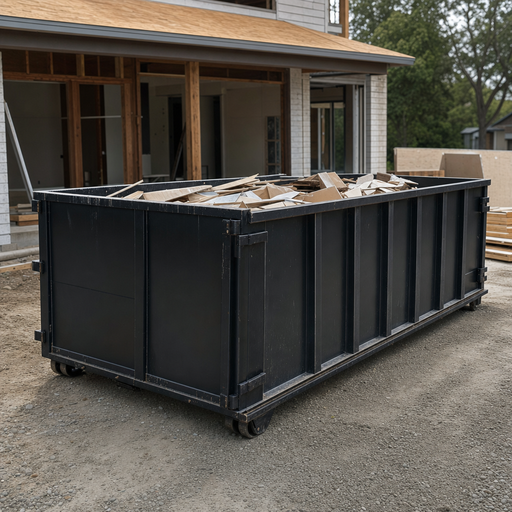 Large matte-black 30-yard construction roll-off dumpster at an active Fremont jobsite, steel-gray top rails and bottom rollers visible, loaded with construction debris.
