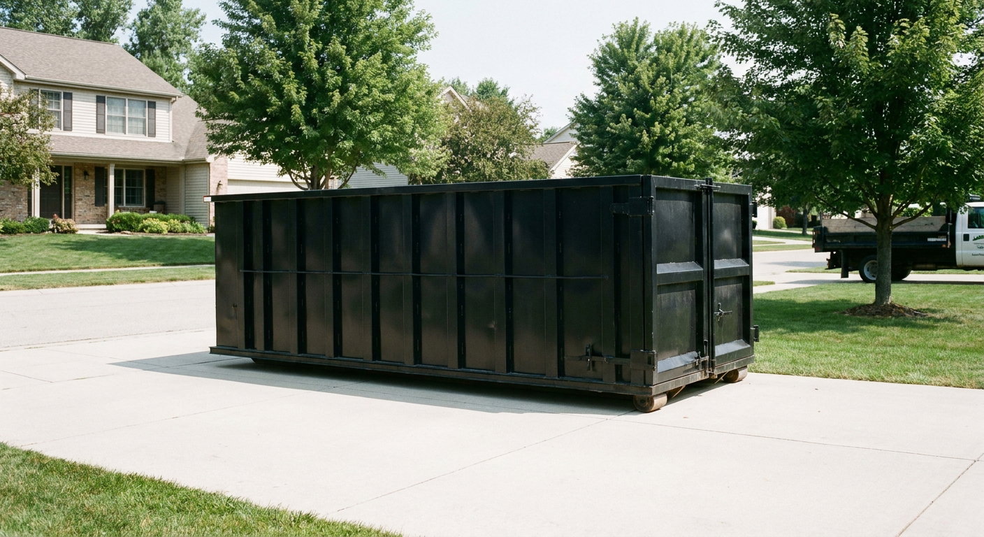Matte-black 20-yard roll-off dumpster sitting level on a clean Fremont residential concrete driveway under bright daylight, demonstrating clean placement directly on the concrete.