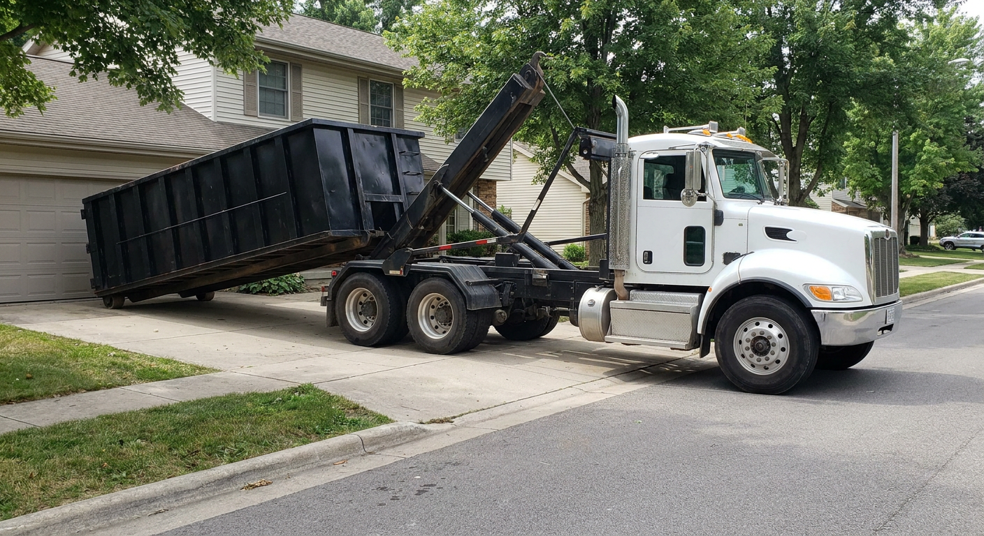 White-cab hooklift roll-off truck actively lowering a matte-black dumpster onto a Fremont residential concrete driveway, the dumpster's rear wheels touching the driveway as the hoist arm tilts the bed forward, mid-morning daylight.