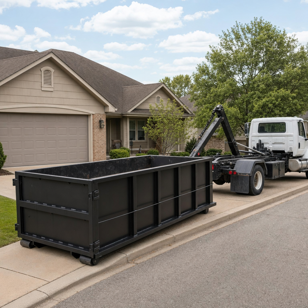 Wide documentary shot of a matte-black roll-off dumpster on a Fremont residential driveway in the foreground and a contractor jobsite container in the soft-focus background, bright daylight, calm and orderly composition.