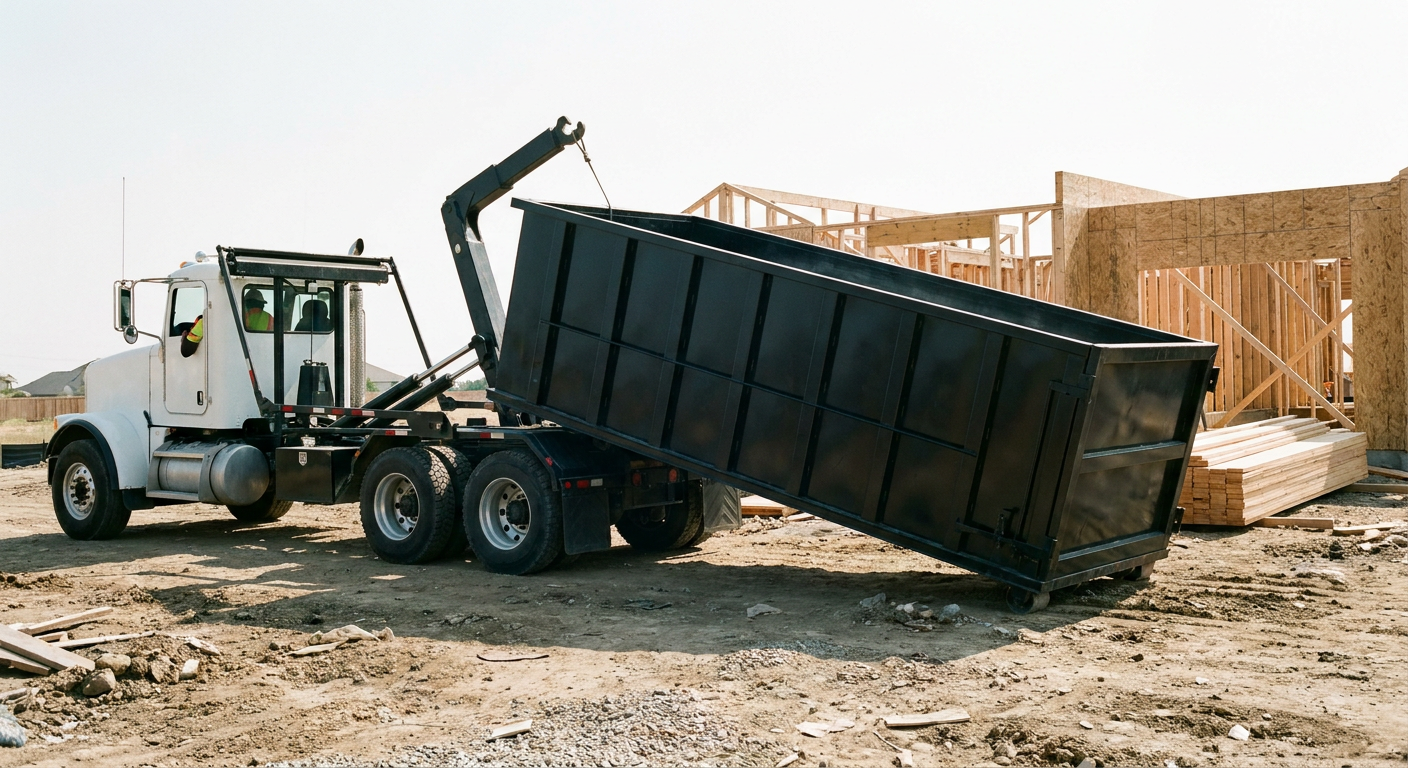 Matte-black roll-off dumpster being delivered onto a clean residential concrete driveway in Fremont by an unmarked white hooklift hauler truck, bright morning daylight, documentary 35mm perspective.