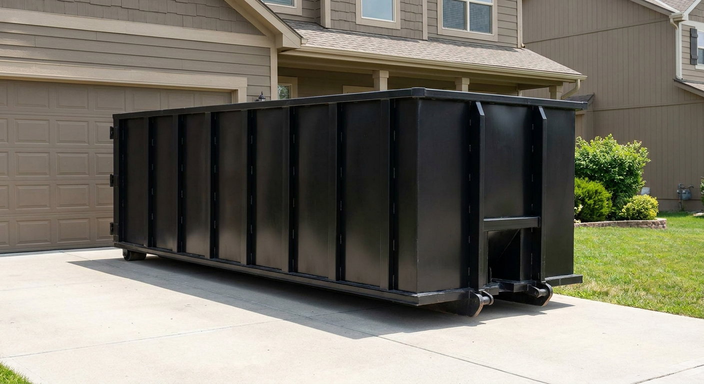 Matte-black residential roll-off dumpster sitting directly on a suburban Fremont concrete driveway, garage door closed, single-family home in background, bright morning daylight.