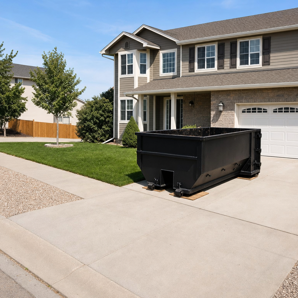 10-yard matte-black residential dumpster placed directly on a narrow Fremont concrete driveway, room remains for a parked sedan beside it, mid-morning natural light