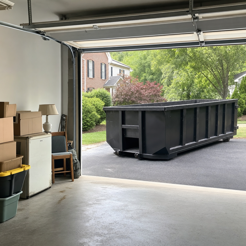 Open garage interior in a Fremont home mid-cleanout — boxed items, an old appliance, and stacked yard tools queued near the driveway for a matte-black roll-off dumpster, organized and calm