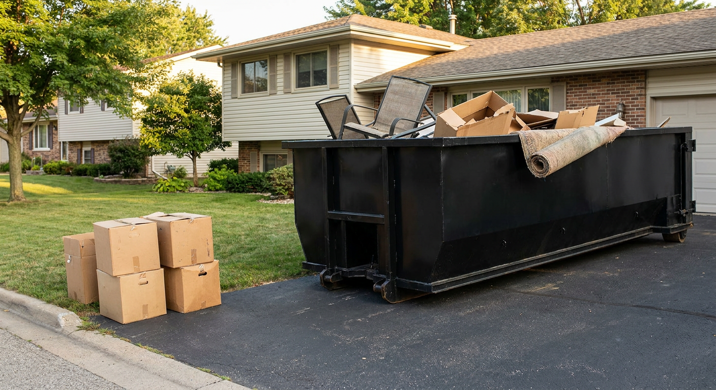 Front-yard view of a Fremont split-level home with a 20-yard matte-black roll-off dumpster sitting directly on the asphalt driveway, a few clearly labeled donation boxes staged at the curb, calm sunny afternoon.
