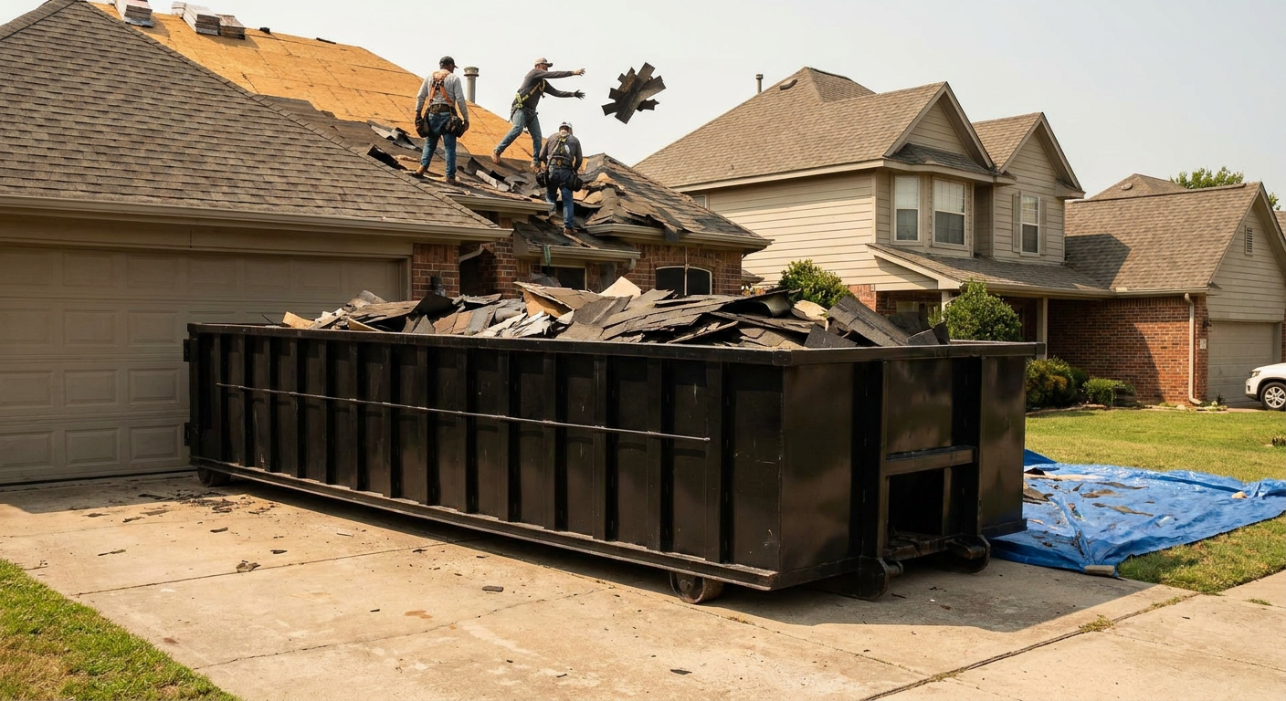 Matte-black roofing roll-off dumpster placed directly on a Fremont residential concrete driveway, a tear-off crew on a two-story asphalt-shingle roof tossing shingle bundles into the low-walled container, bright daylight, documentary 35mm perspective.