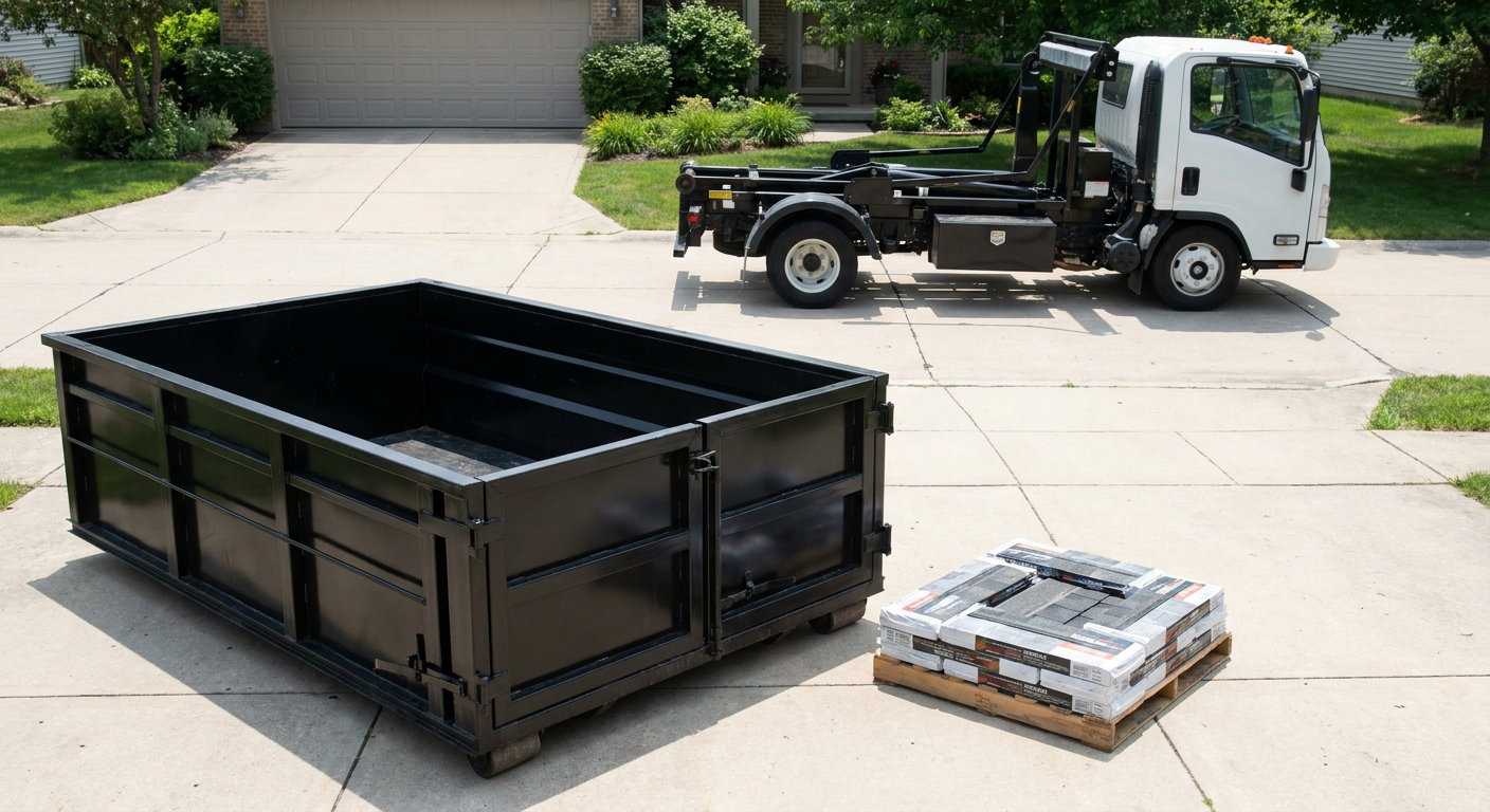 Matte-black 15-yard roofing roll-off dumpster with reinforced low side walls sitting directly on a Fremont residential concrete driveway, three-tab asphalt shingle bundles stacked nearby, an unmarked white hauler truck partially visible at the edge of the frame.