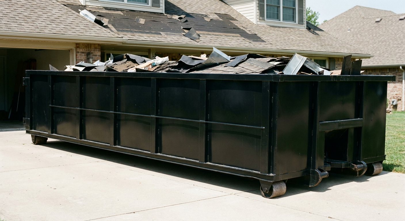 Matte-black 20-yard roofing roll-off dumpster with steel ribbed sides and swinging rear door, sitting directly on the concrete driveway of a two-story Fremont home, asphalt shingle debris being loaded over the low wall, clean documentary lighting.