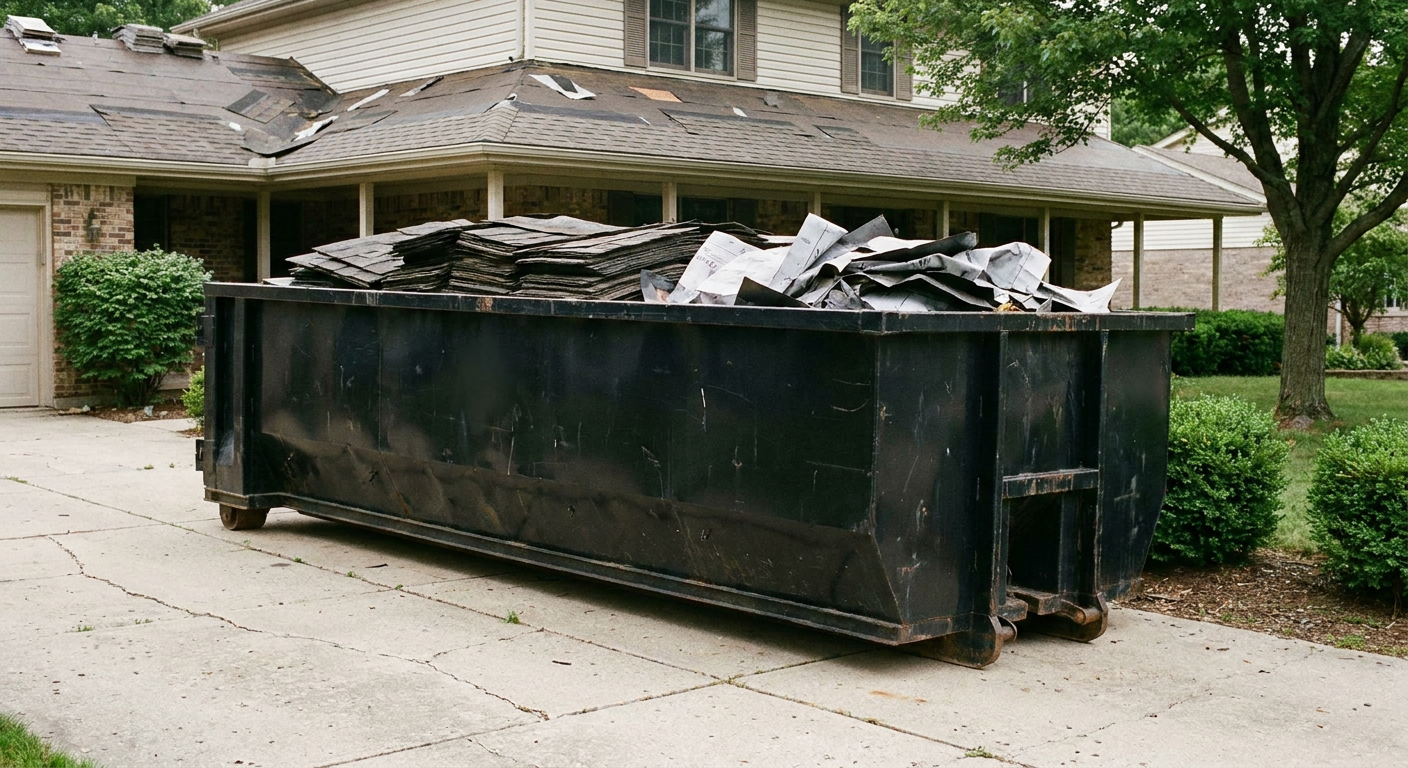 Matte-black 30-yard roofing roll-off dumpster sitting directly on a Fremont concrete driveway, taller ribbed steel side panels, mixed tear-off debris of asphalt shingles and underlayment inside, professional documentary daylight.