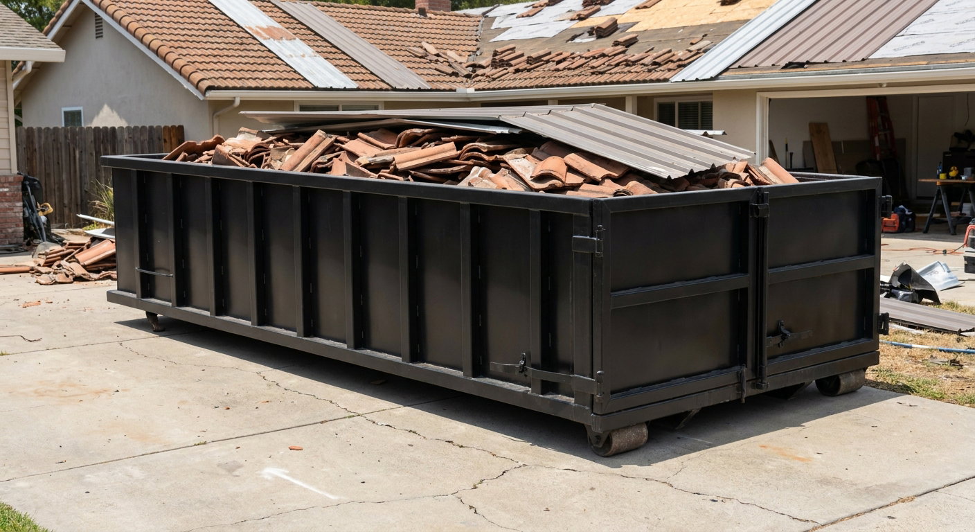 Matte-black low-wall heavy-debris roofing roll-off dumpster sitting directly on a Fremont concrete driveway, broken concrete clay roof tiles and metal panel sections loaded inside, reinforced ribbed steel side walls visible, bright outdoor daylight.