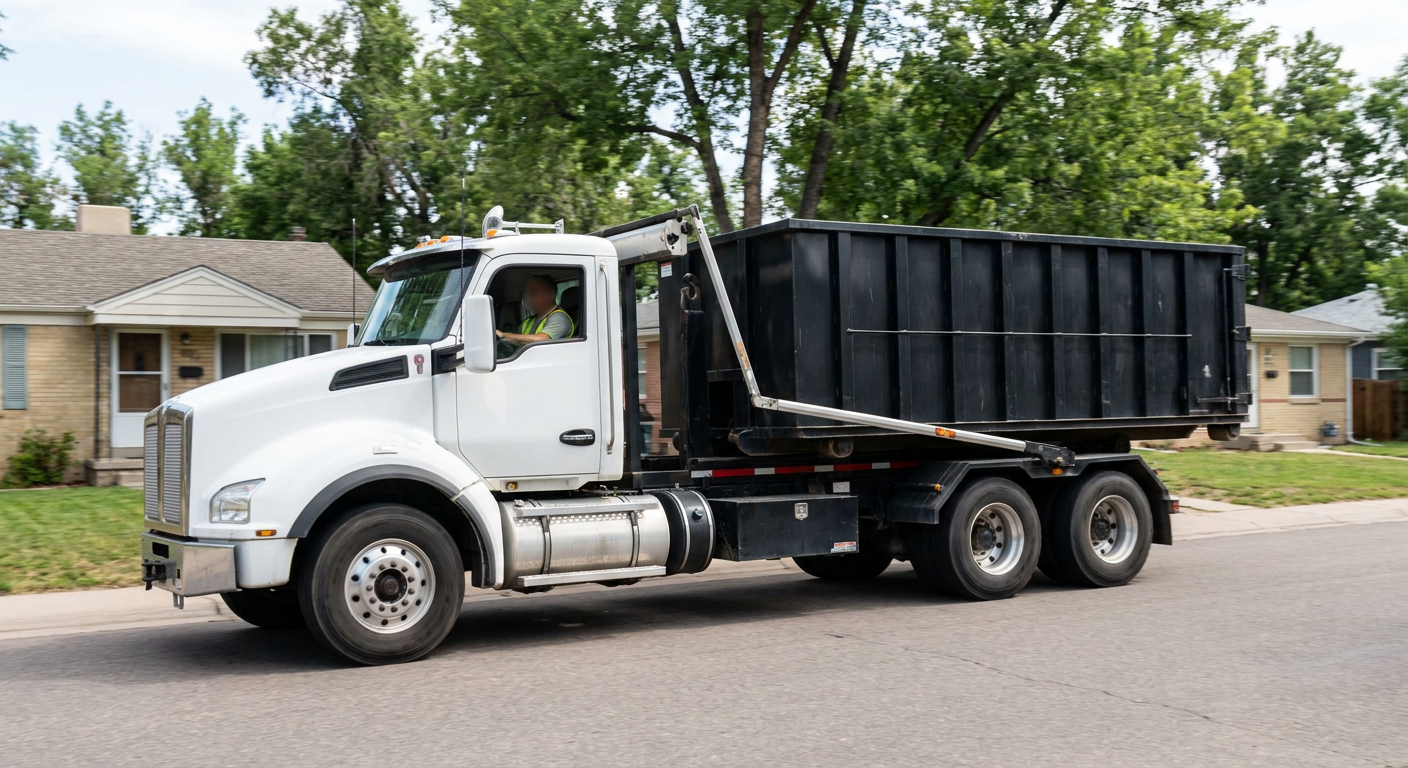 A wide documentary shot of a matte-black roll-off delivery truck pulling onto a quiet Fremont residential street at mid-morning, with neighborhood rooftops and tree-lined blocks visible behind, showing the metro coverage footprint.