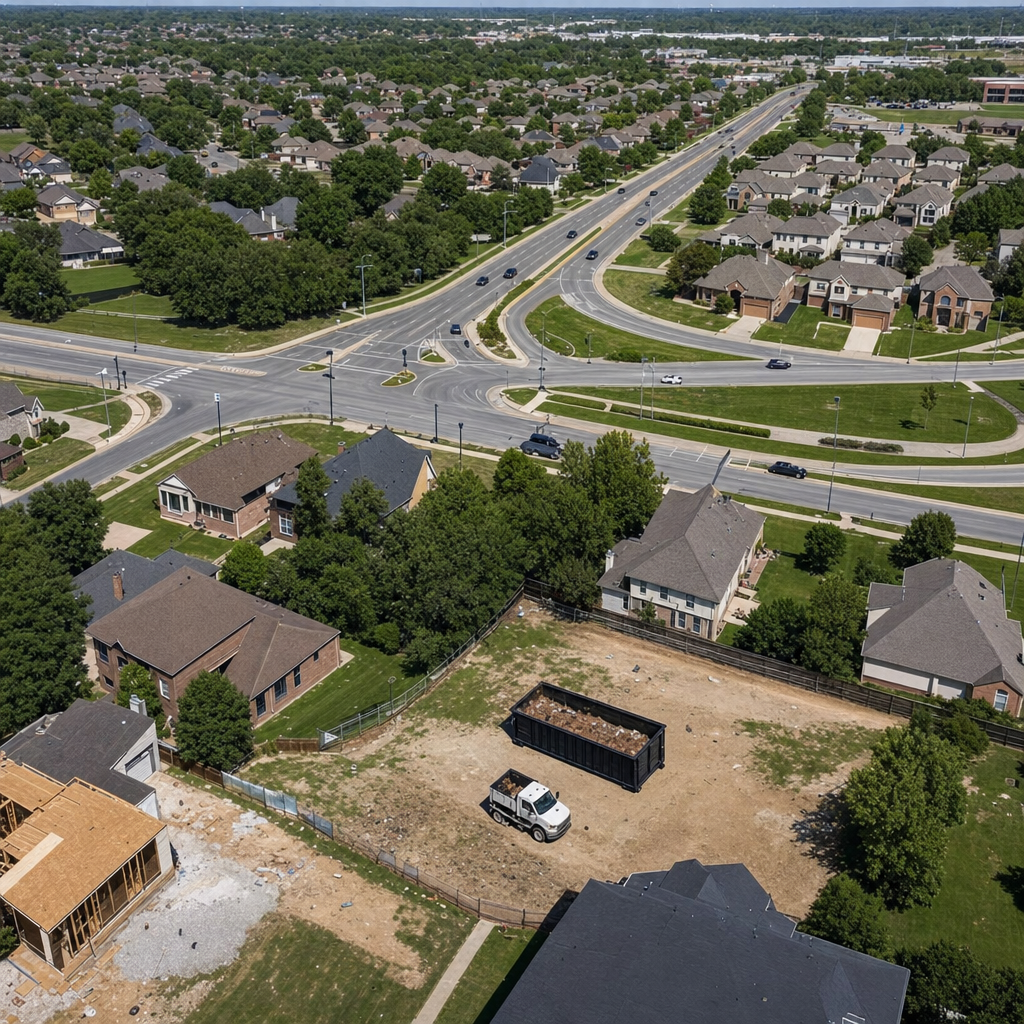 An overhead documentary view of the Fremont metro area at midday, showing the spread of neighborhoods, arterial roads, and the dispatch radius from a central yard — clean daylight, organized geographic layout.