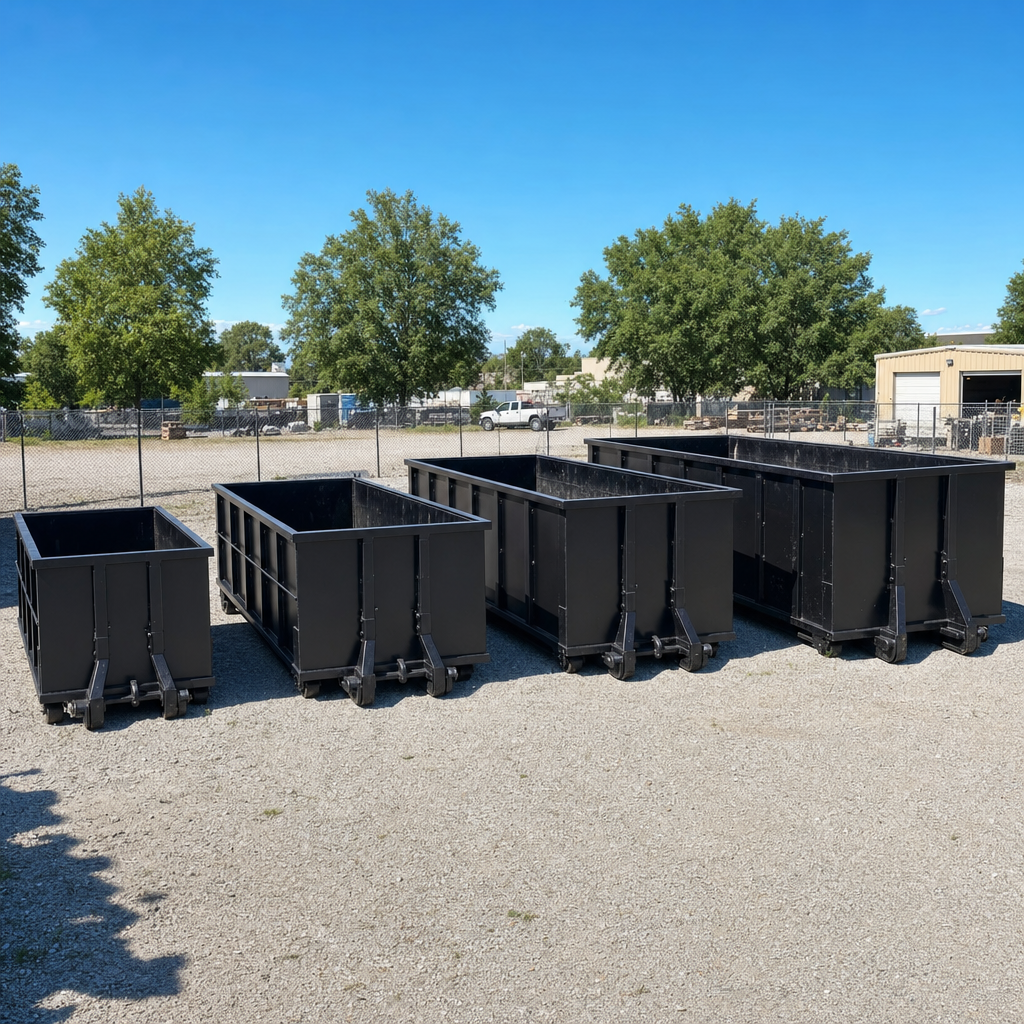A clean lineup of matte-black roll-off dumpsters in 10, 20, 30, and 40-yard sizes staged on a sunlit gravel yard in Fremont, showing the size progression from compact to commercial-scale containers.