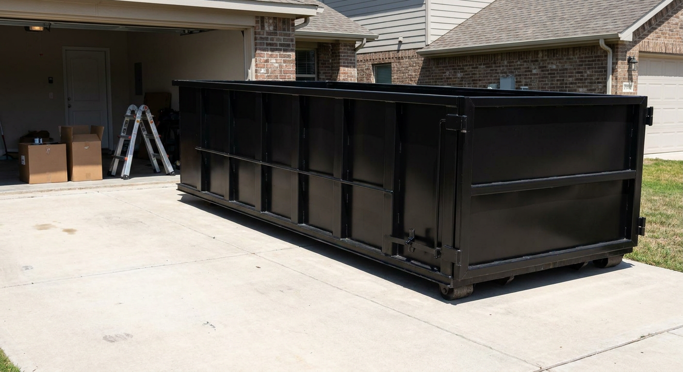 A matte-black 10-yard roll-off dumpster sitting directly on a residential Fremont concrete driveway, mid-day sunlight, clean and ready for a garage cleanout.
