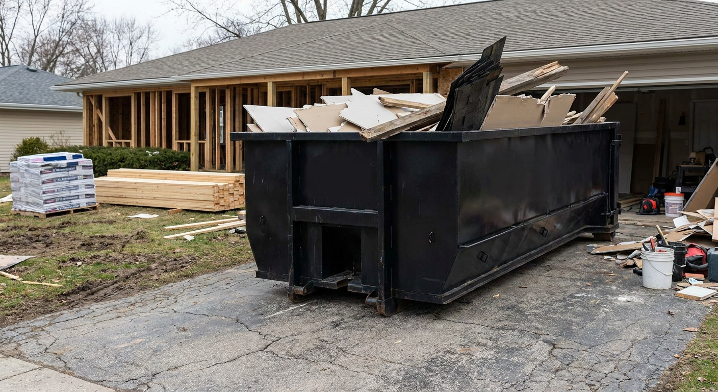 A matte-black 20-yard roll-off dumpster placed alongside a mid-renovation Fremont home directly on the asphalt driveway, with framing materials and torn-off shingles staged neatly nearby.