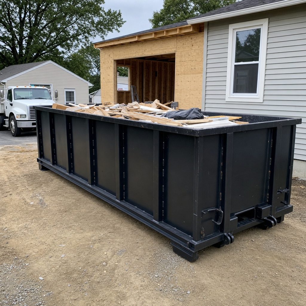 A matte-black 30-yard roll-off dumpster positioned at a Fremont residential addition jobsite, with framing lumber and drywall scraps loaded through the open swinging rear doors.