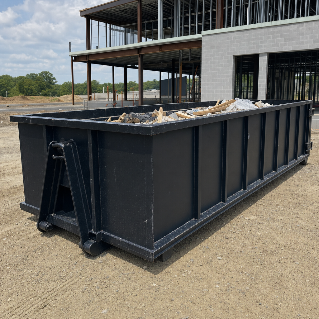 A matte-black 40-yard roll-off dumpster staged on a large Fremont commercial construction lot, with a hooklift delivery truck parked alongside under bright midday sky.