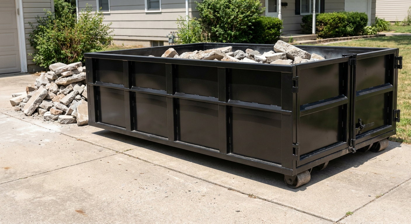 A matte-black low-side heavy-debris roll-off dumpster placed directly on a Fremont concrete driveway, with broken concrete chunks neatly stacked beside it under clean daylight.